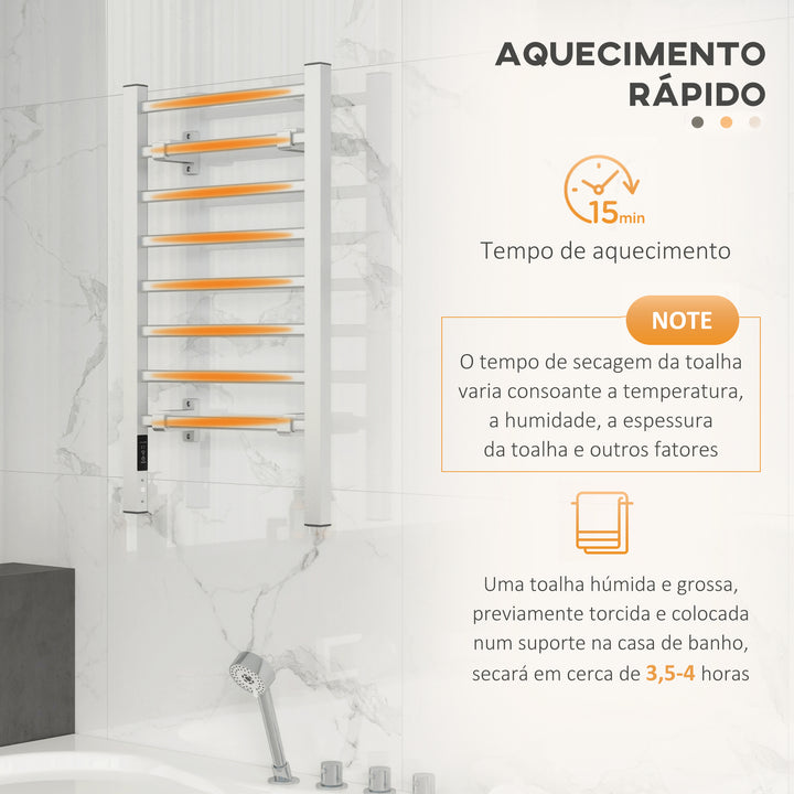 Toalheiro Elétrico de Parede ou Solo 150 W Aquecedor de Toalhas de Liga de Alumínio com Função de Temporizador e 8 Barras para Casa de Banho 53x35x90 cm Prata
