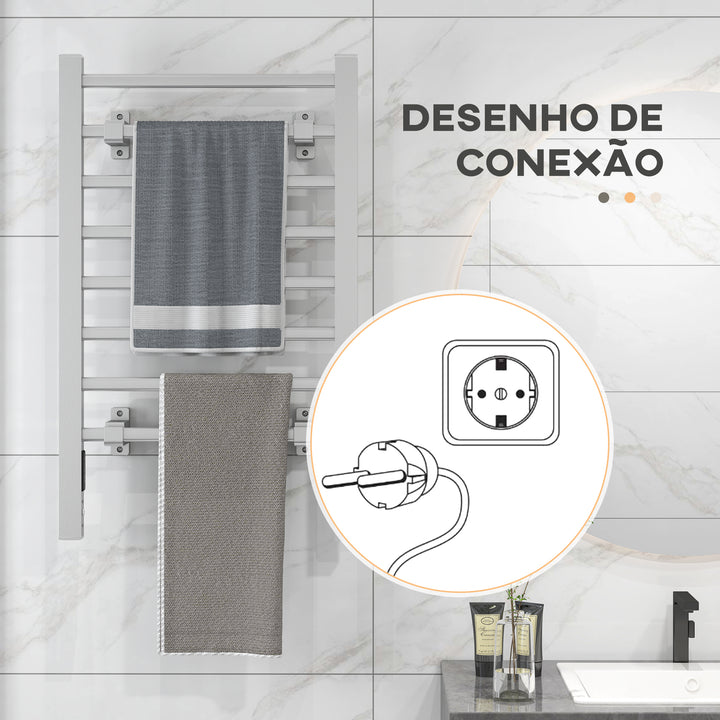 Toalheiro Elétrico de Parede ou Solo 150 W Aquecedor de Toalhas de Liga de Alumínio com Função de Temporizador e 8 Barras para Casa de Banho 53x35x90 cm Prata