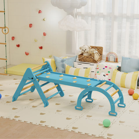 Triângulo de Escalada 7 em 1 Montessori com Arco e Rampa Escalada para Crianças de Madeira Dobrável para 18-48 Meses Para Deslizar ou Escalar 188x70 cm Azul