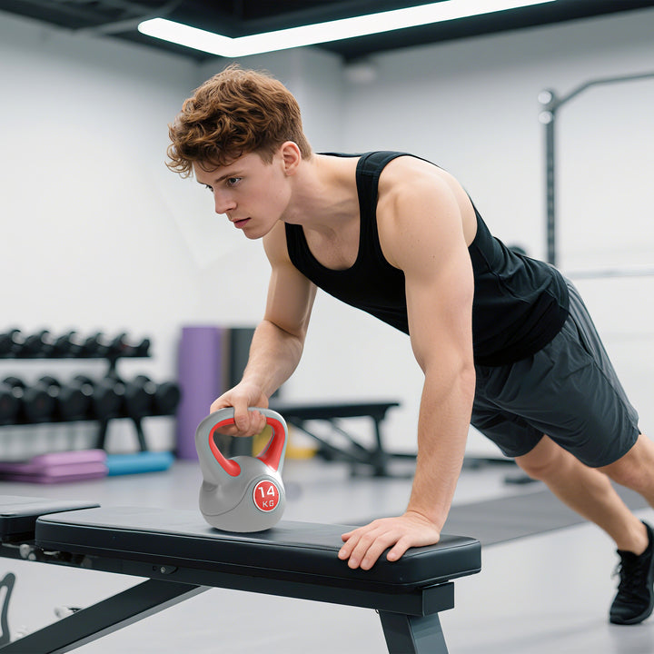 Kettlebell 14 kg Peso Russo com Revestimento de PU e Enchimento de Areia para Treinamento em Casa Ginásio 26x18x32 cm Vermelho e Cinza