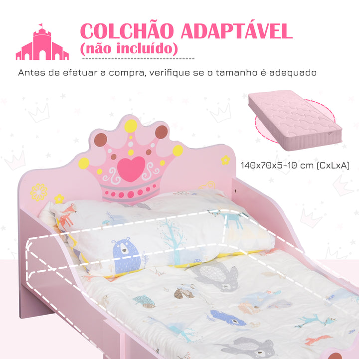 Cama de Criança +3 anos 143x73x60 cm Cama de Criança em Madeira com Estampado de Coroa Carga 50 kg para Quarto Rosa