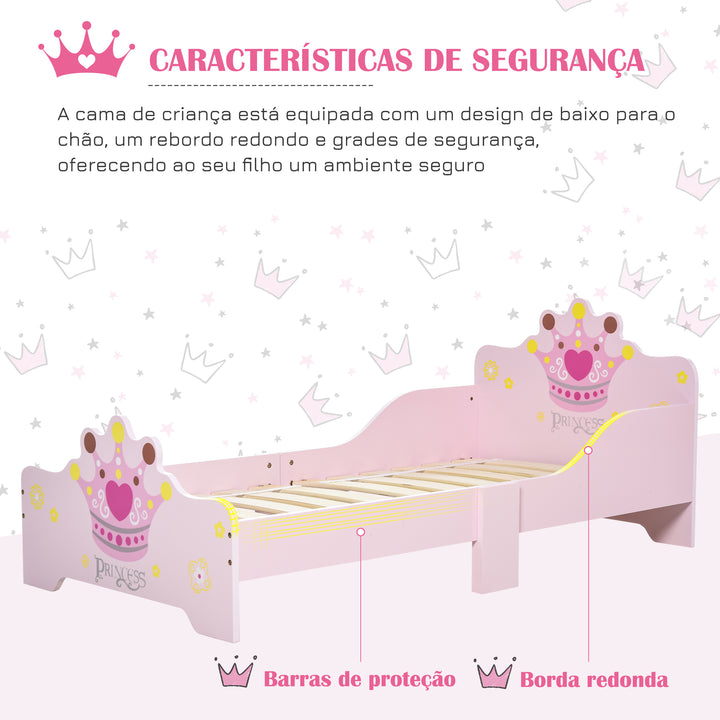 Cama de Criança +3 anos 143x73x60 cm Cama de Criança em Madeira com Estampado de Coroa Carga 50 kg para Quarto Rosa