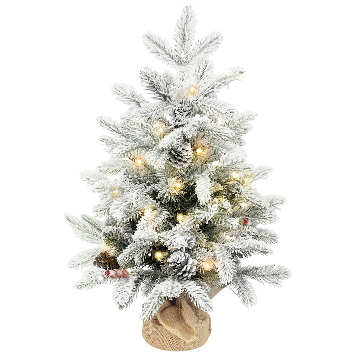 Árvore de Natal com 35 Luzes LED 60 cm Mini Árvore de Natal Artificial com 182 Ramos com Neve Pinhas Bagas e Base de Saco de Juta Decoração de Natal de Mesa para Casa Escritório Verde