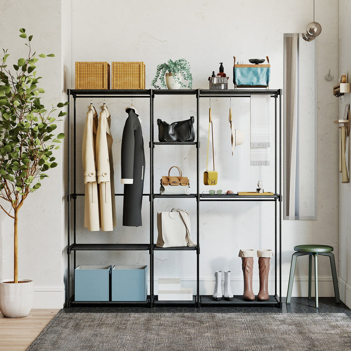Armário para Roupas 182x43x185 cm Armário Aberto com 8 Prateleiras de Tecido Barras para Pendurar Estrutura de Metal para Quarto Sala Vestiário Preto