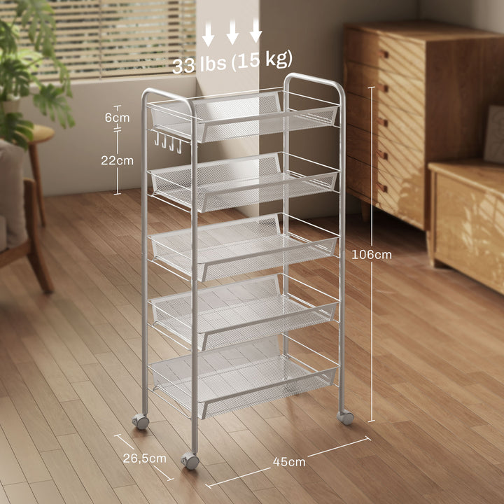 Carrinho Auxiliar com Rodas Carrinho de Cozinha de 5 Níveis com 4 Ganchos Capacidade de 15 kg para Sala de Jantar Sala de Estar Casa de Banho 45x26,5x106 cm Branco