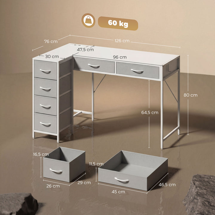 Secretária de Canto Reversível com 6 Gavetas de Tecido 126x48 cm Secretária em L com Tomada de Energia Porta USB e USB-C Mesa em L para Casa ou Escritório Branco