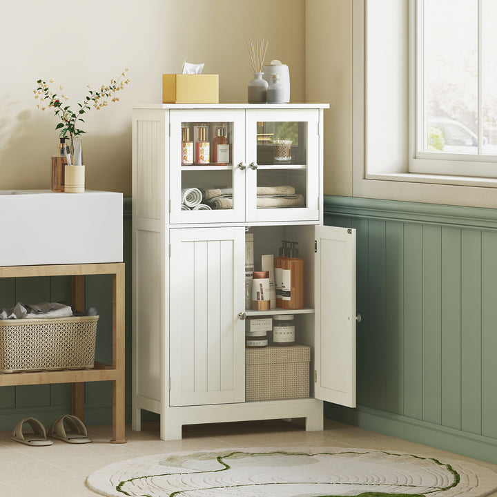 Armário Casa de Banho Móvel Auxiliar com Portas de Vidro Temperado e Prateleiras Ajustáveis para Cozinha Sala de Jantar Sala de Estar 60x30x108,5cm Branco