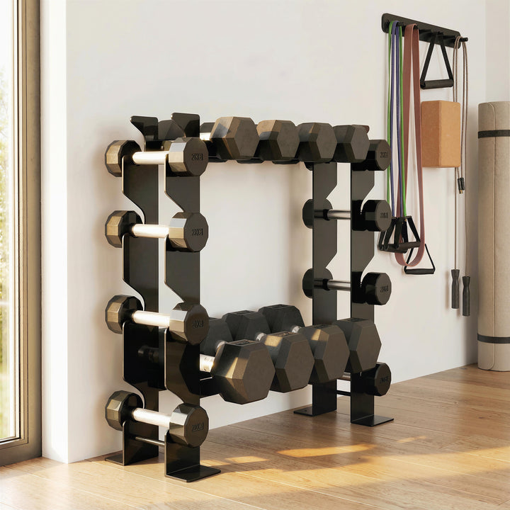 Suporte para Halteres de 4 Níveis Estante de Armazenamento de Pesos em Aço Resistente para Halteres Kettlebells para Treino em Ginásio Casa Carga 200 kg 70x21x55 cm Preto
