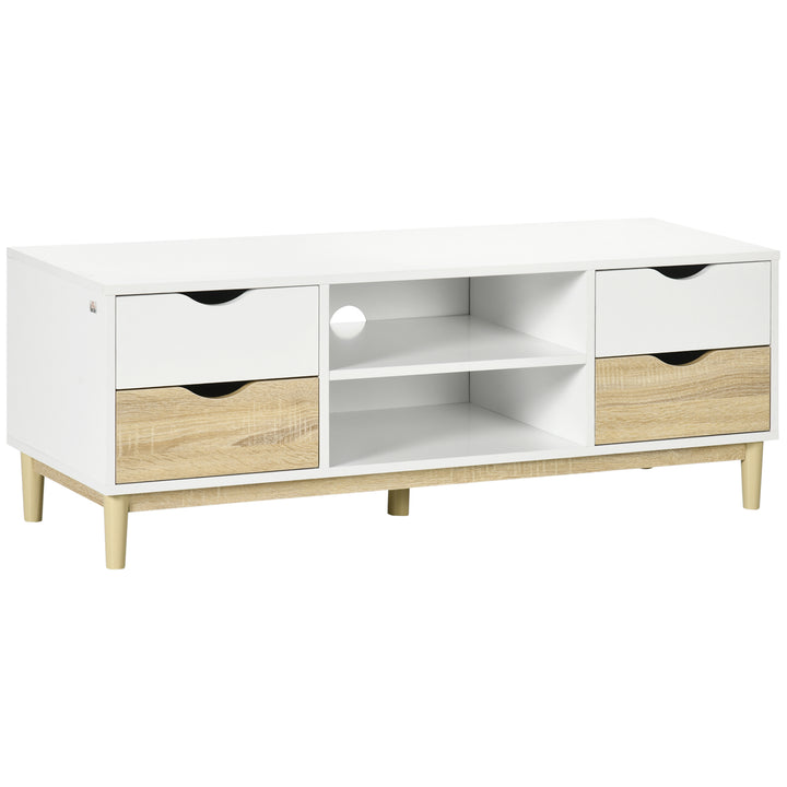 Móvel de TV Móvel para Televisores de até 55" com Prateleiras de Armazenamento e 4 Gavetas para Sala de Estar 120x40x44,5cm Branco e Carvalho