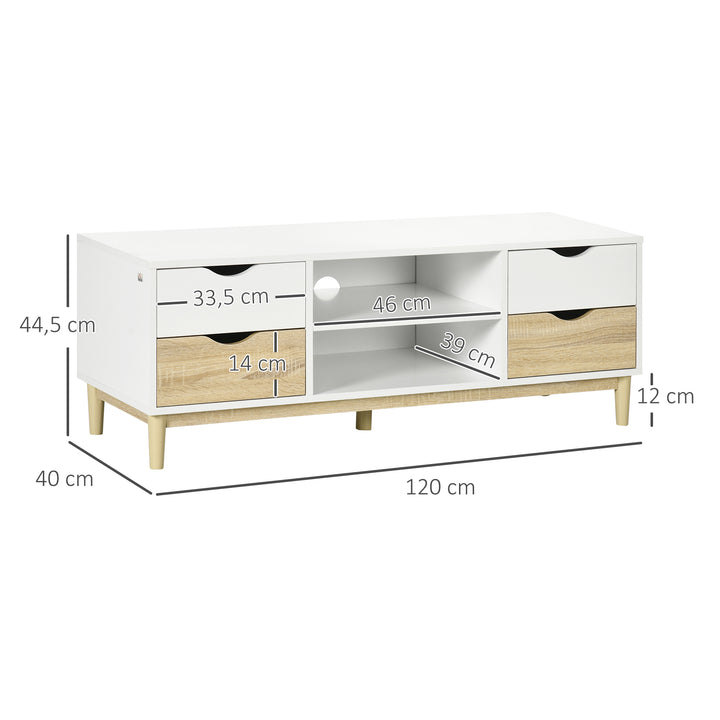 Móvel de TV Móvel para Televisores de até 55" com Prateleiras de Armazenamento e 4 Gavetas para Sala de Estar 120x40x44,5cm Branco e Carvalho