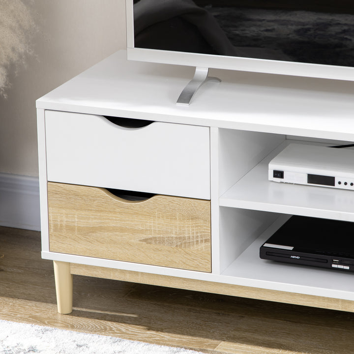 Móvel de TV Móvel para Televisores de até 55" com Prateleiras de Armazenamento e 4 Gavetas para Sala de Estar 120x40x44,5cm Branco e Carvalho
