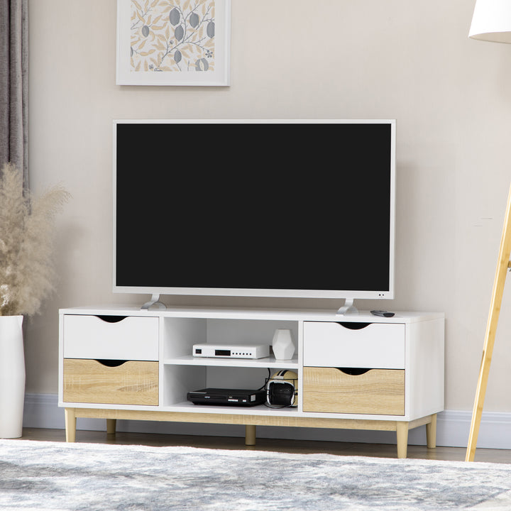 Móvel de TV Móvel para Televisores de até 55" com Prateleiras de Armazenamento e 4 Gavetas para Sala de Estar 120x40x44,5cm Branco e Carvalho
