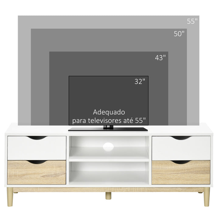Móvel de TV Móvel para Televisores de até 55" com Prateleiras de Armazenamento e 4 Gavetas para Sala de Estar 120x40x44,5cm Branco e Carvalho