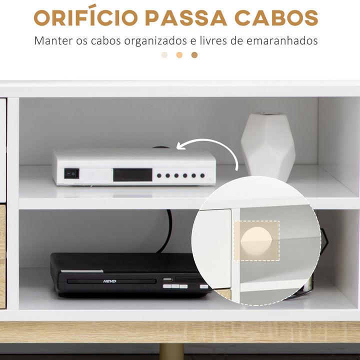 Móvel de TV Móvel para Televisores de até 55" com Prateleiras de Armazenamento e 4 Gavetas para Sala de Estar 120x40x44,5cm Branco e Carvalho