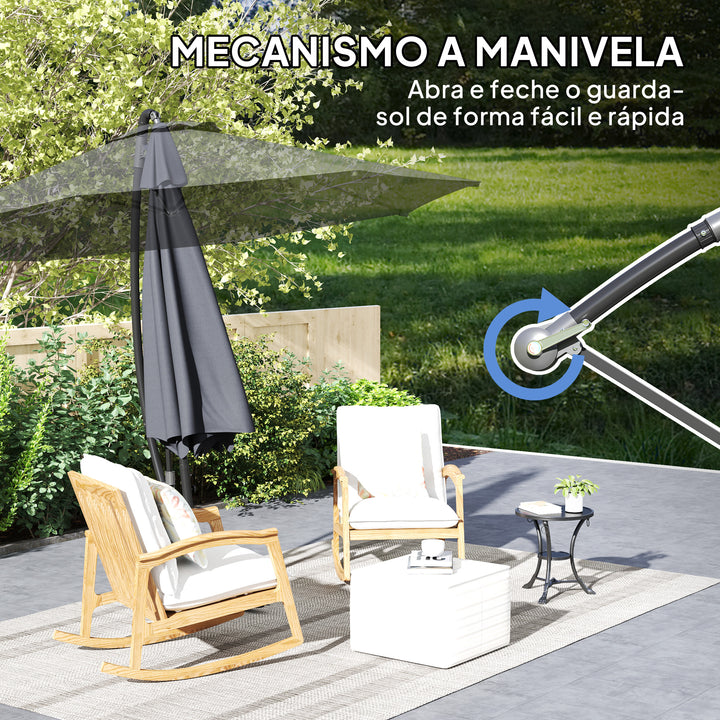 Chapéu de Sol Excêntrico Ø 290 cm Chapéu de Sol de Jardim com Base Cruzada Manivela Capa de Proteção e Corda de Vento Anti UV 50+ Chapéu de Sol para Varanda Cinzento