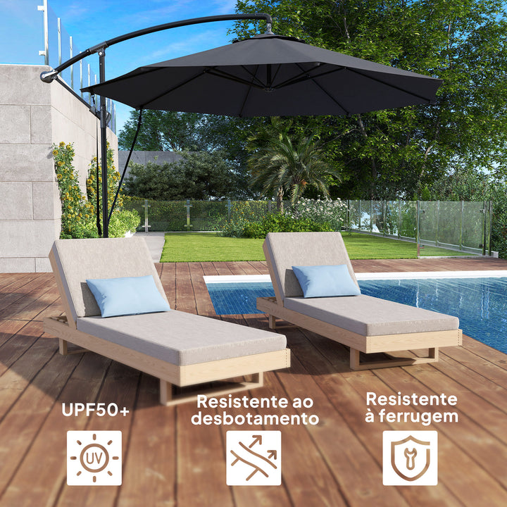 Chapéu de Sol Excêntrico Ø 290 cm Chapéu de Sol de Jardim com Base Cruzada Manivela Capa de Proteção e Corda de Vento Anti UV 50+ Chapéu de Sol para Varanda Cinzento
