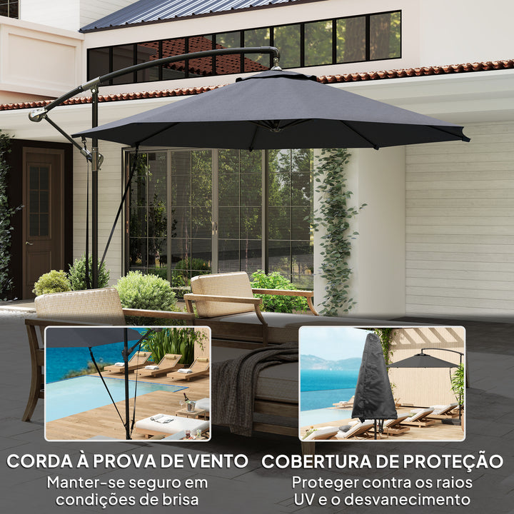 Chapéu de Sol Excêntrico Ø 290 cm Chapéu de Sol de Jardim com Base Cruzada Manivela Capa de Proteção e Corda de Vento Anti UV 50+ Chapéu de Sol para Varanda Cinzento