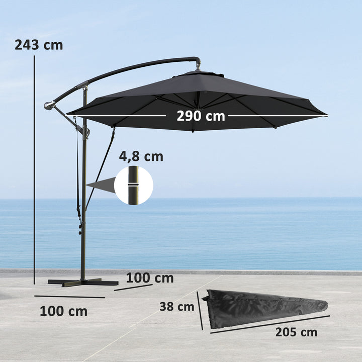 Chapéu de Sol Excêntrico Ø 290 cm Chapéu de Sol de Jardim com Base Cruzada Manivela Capa de Proteção e Corda de Vento Anti UV 50+ Chapéu de Sol para Varanda Cinzento