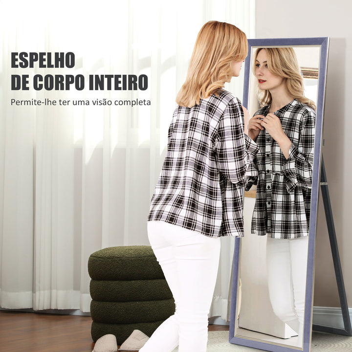 Espelho de Pé 50x150 cm Espelho de Corpo Inteiro com Estrutura em Veludo e Suporte para Sala de Estar Dormitório Cinza