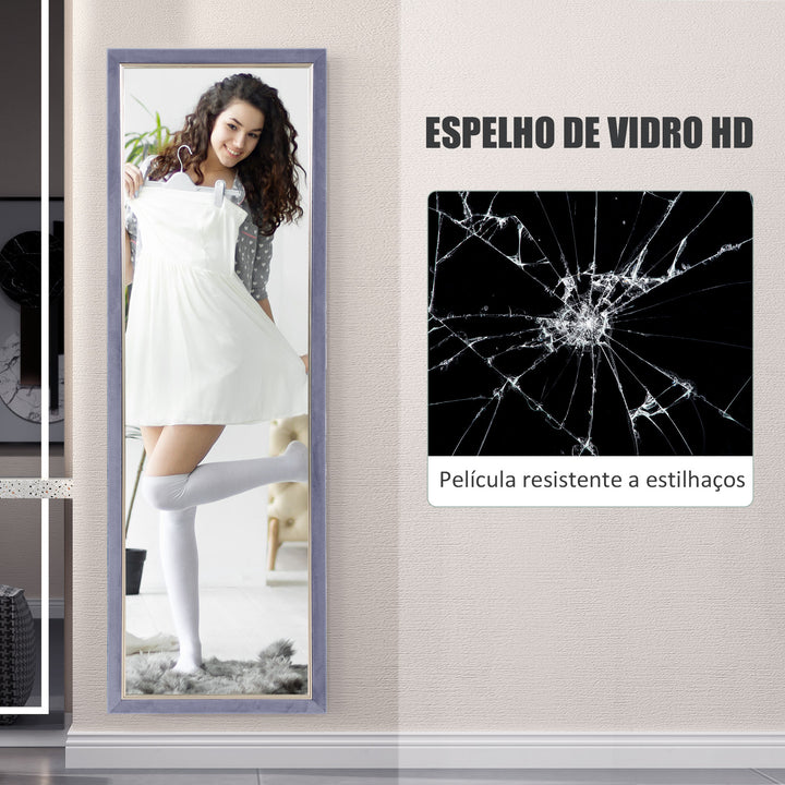 Espelho de Pé 50x150 cm Espelho de Corpo Inteiro com Estrutura em Veludo e Suporte para Sala de Estar Dormitório Cinza