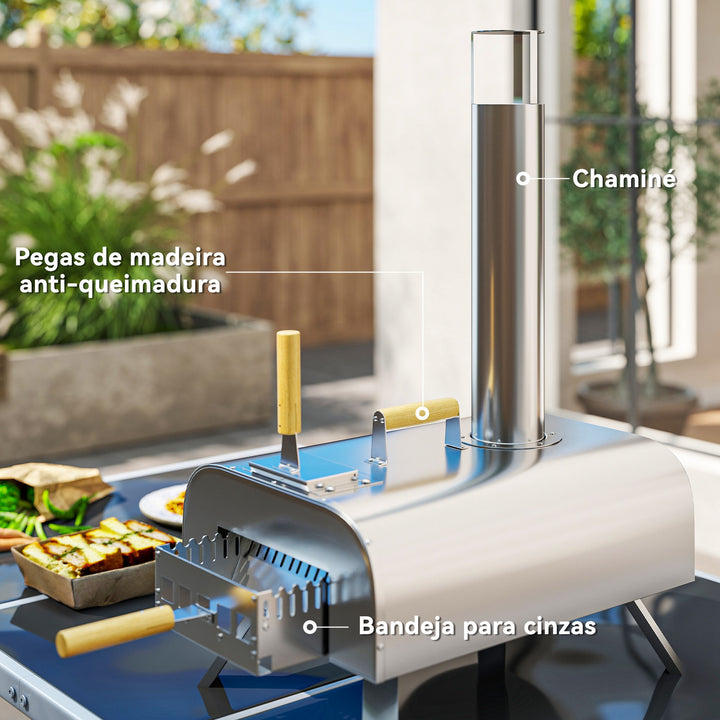 Mini Forno a Lenha para Pizza com Pedra Refratária e Pá Forno para Pizza a Lenha em Aço Inoxidável com Pés Dobráveis e Pegas para Campismo e Exterior 79x36x75 cm Prata