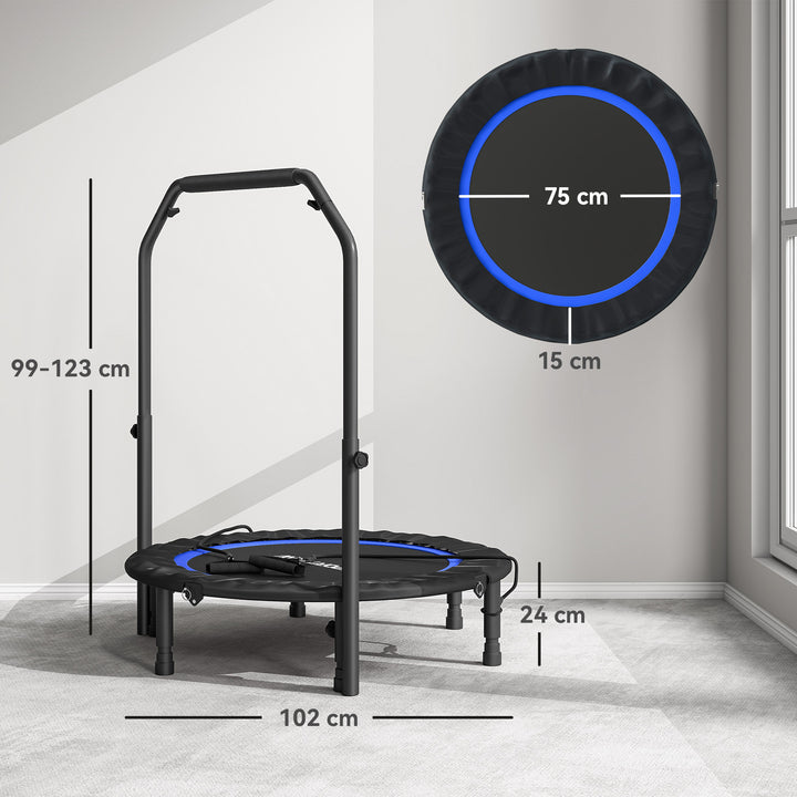 Trampolim de Fitness Ø102 cm Trampolim Dobrável com Guiador Ajustável de 4 Níveis e Bandas para Treino de Pernas e Corpo em Casa Escritório Ginásio e Exterior Carga 150 kg Azul