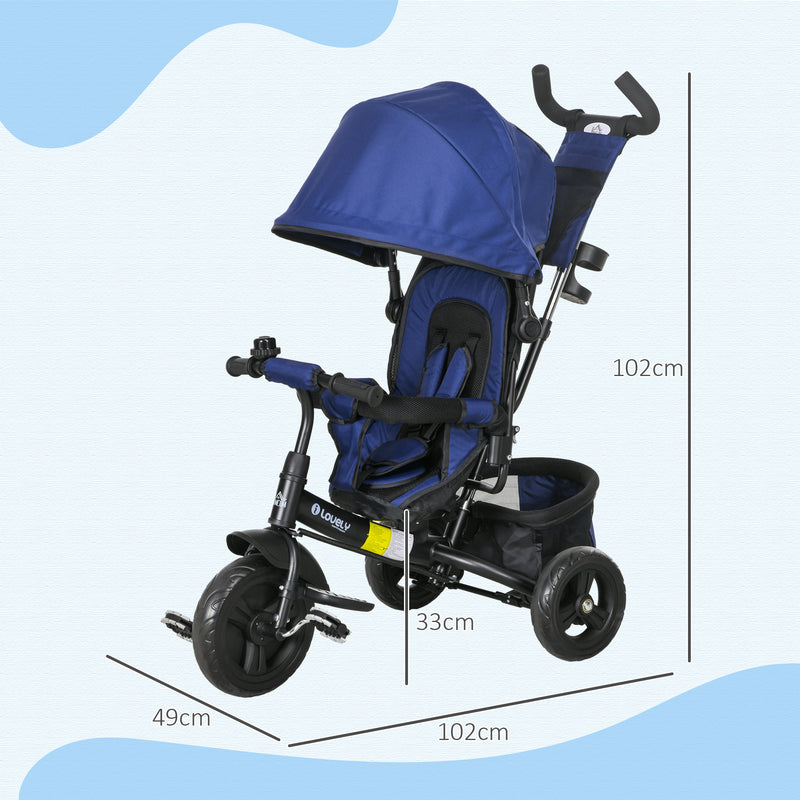 Triciclo para Bebés 2 em 1 Triciclo Evolutivo para Crianças de +12 Meses com Capota Dobrável Guiador Telescópico e Removível Bolsa e Porta-garrafas Azul Marrinho