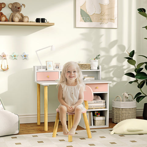 Conjunto de Secretária e Cadeira para Crianças acima de 3 Anos Mesa de Estudo com Prateleiras para Livros e Gaveta de Arrumação Carga 80 kg 85x48x73 Rosa e Branco
