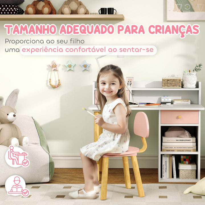 Conjunto de Secretária e Cadeira para Crianças acima de 3 Anos Mesa de Estudo com Prateleiras para Livros e Gaveta de Arrumação Carga 80 kg 85x48x73 Rosa e Branco