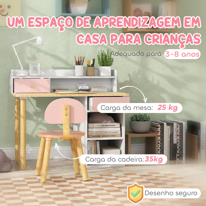 Conjunto de Secretária e Cadeira para Crianças acima de 3 Anos Mesa de Estudo com Prateleiras para Livros e Gaveta de Arrumação Carga 80 kg 85x48x73 Rosa e Branco