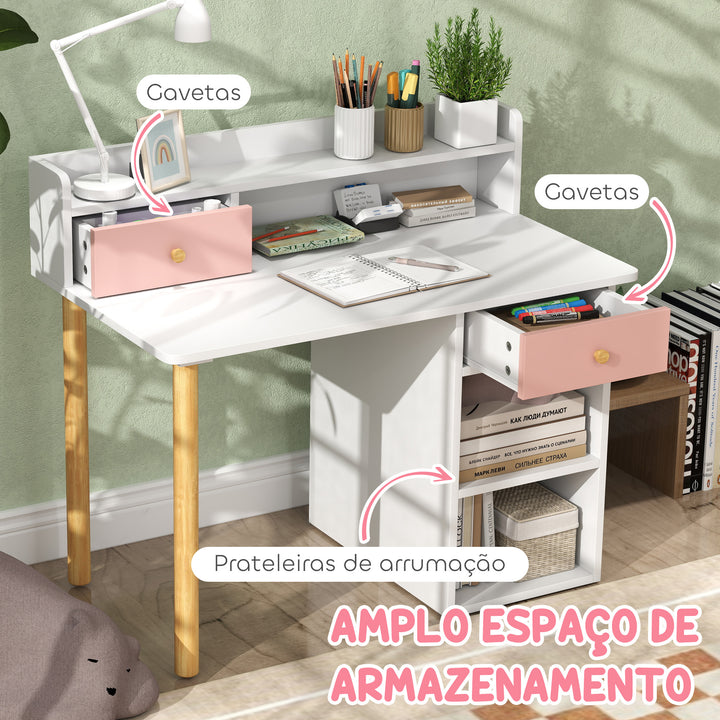Conjunto de Secretária e Cadeira para Crianças acima de 3 Anos Mesa de Estudo com Prateleiras para Livros e Gaveta de Arrumação Carga 80 kg 85x48x73 Rosa e Branco