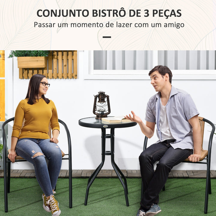 Conjunto de 3 Peças de Vime para Jardim com 2 Cadeiras Empilháveis e 1 Mesa de Centro Redonda com Tampo de Vidro Temperado para Terraço Pátio Marróm