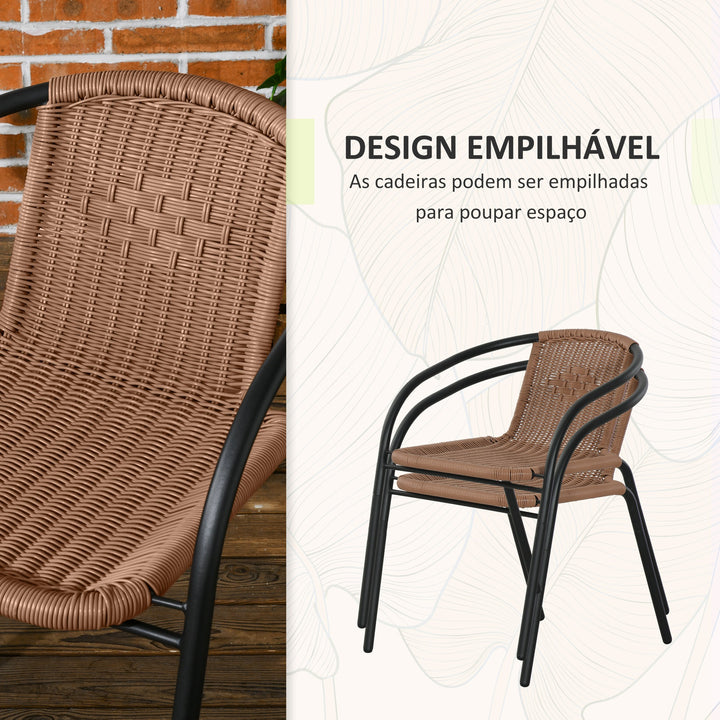 Conjunto de 3 Peças de Vime para Jardim com 2 Cadeiras Empilháveis e 1 Mesa de Centro Redonda com Tampo de Vidro Temperado para Terraço Pátio Marróm