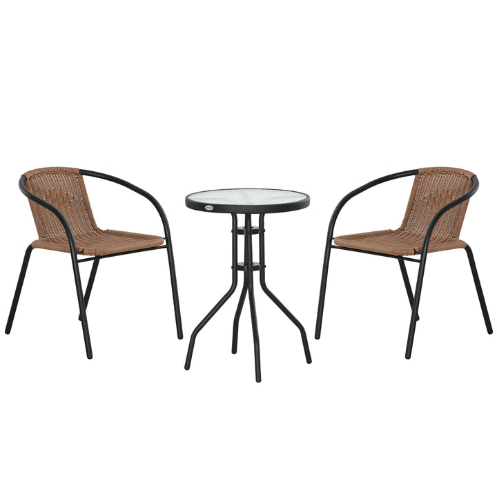 Conjunto de 3 Peças de Vime para Jardim com 2 Cadeiras Empilháveis e 1 Mesa de Centro Redonda com Tampo de Vidro Temperado para Terraço Pátio Marróm