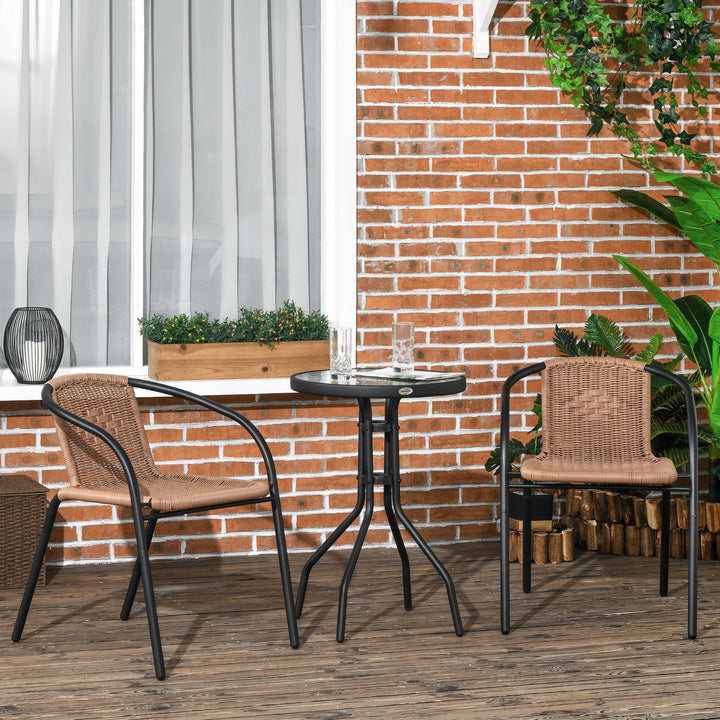 Conjunto de 3 Peças de Vime para Jardim com 2 Cadeiras Empilháveis e 1 Mesa de Centro Redonda com Tampo de Vidro Temperado para Terraço Pátio Marróm