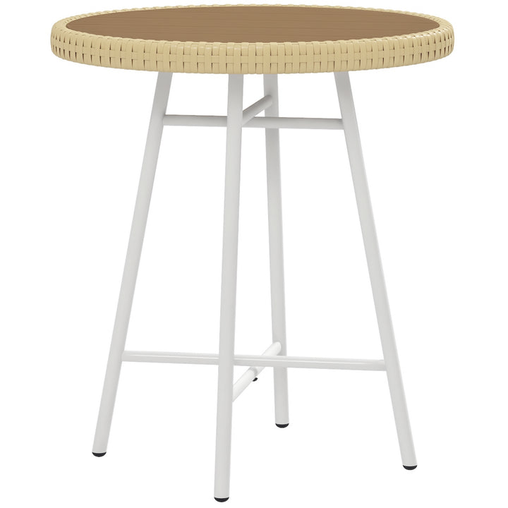 Mesa Auxiliar de Vime Sintético Mesa de Centro Redonda com Bancada de Madeira Plástica e Estrutura de Aço Galvanizado Carga Máxima 30 kg para Varanda Jardim 50x50x55 cm Madeira e Bege