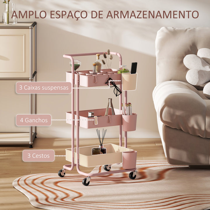 Carrinho de Cozinha de Aço Carrinho de Armazenamento com 4 Ganchos 3 Cestas Removíveis 3 Caixas Suspensas e Travões para Casa de Banho Sala de Estar Dormitório 42x38x86,5 cm Rosa