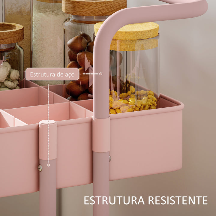Carrinho de Cozinha de Aço Carrinho de Armazenamento com 4 Ganchos 3 Cestas Removíveis 3 Caixas Suspensas e Travões para Casa de Banho Sala de Estar Dormitório 42x38x86,5 cm Rosa