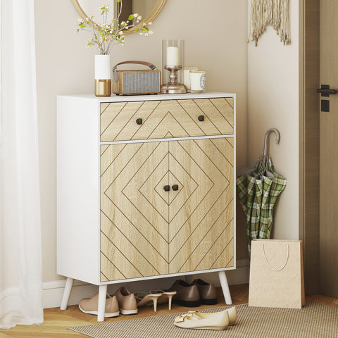 Sapateira de 2 Portas com Design em Espiga Sapateira para Entrada com Prateleiras Ajustáveis Gaveta para 12 Pares de Sapatos 75x35x97 cm Branco e Madeira