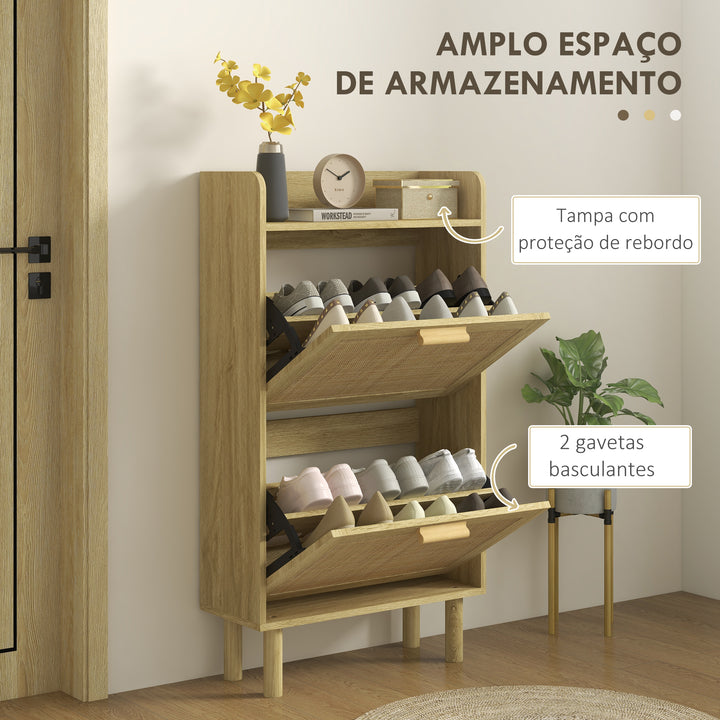 Móvel Sapateira de Entrada Armário de Sapatos Boêmio com 2 Gavetas Basculantes e 1 Prateleira Aberta para 18 Pares de Sapatos para Corredor Entrada 80x24,5x110 cm Carvalho