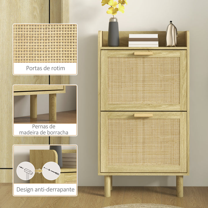 Móvel Sapateira de Entrada Armário de Sapatos Boêmio com 2 Gavetas Basculantes e 1 Prateleira Aberta para 18 Pares de Sapatos para Corredor Entrada 80x24,5x110 cm Carvalho