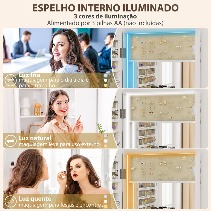 Espelho-Joalheiro com Luz LED de 3 Tons Armário para Joias Montado na Parede ou na Porta Armário com Fechadura Espelho de Corpo Inteiro, Design Ondulado Branco
