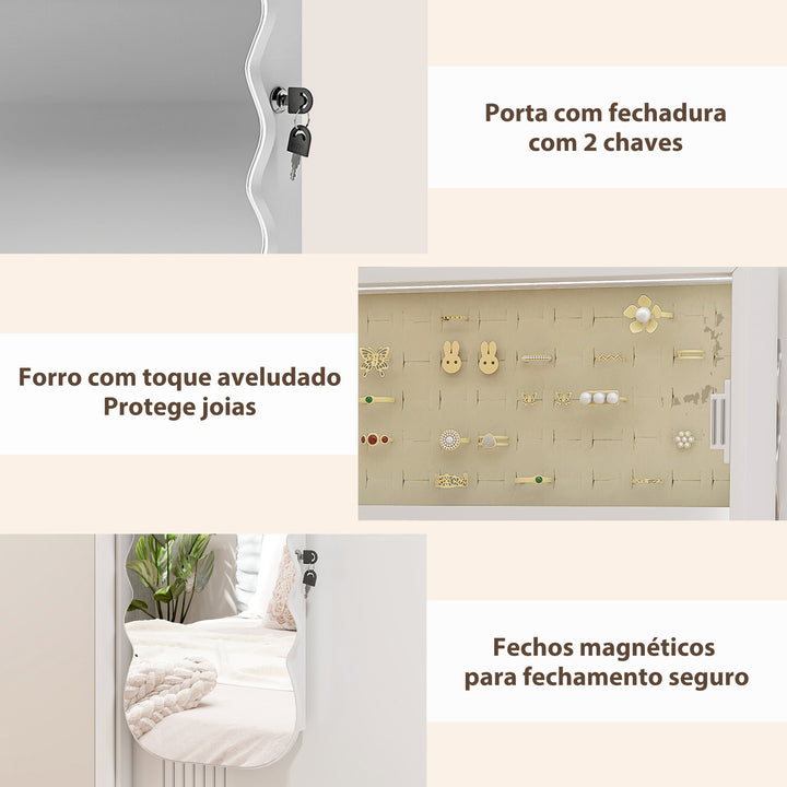 Espelho-Joalheiro com Luz LED de 3 Tons Armário para Joias Montado na Parede ou na Porta Armário com Fechadura Espelho de Corpo Inteiro, Design Ondulado Branco