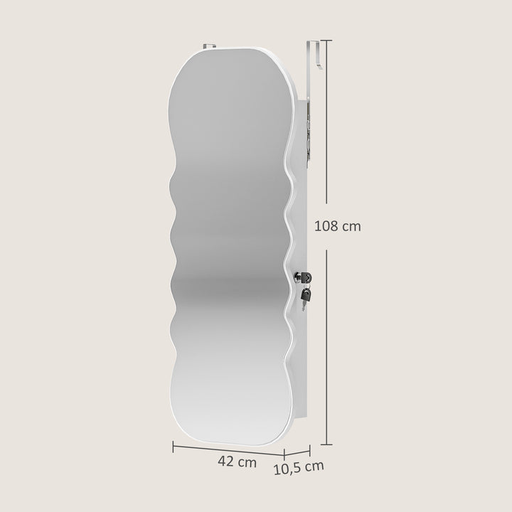 Espelho-Joalheiro com Luz LED de 3 Tons Armário para Joias Montado na Parede ou na Porta Armário com Fechadura Espelho de Corpo Inteiro, Design Ondulado Branco