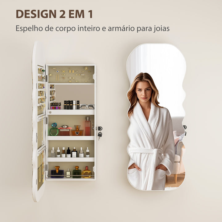 Espelho-Joalheiro com Luz LED de 3 Tons Armário para Joias Montado na Parede ou na Porta Armário com Fechadura Espelho de Corpo Inteiro, Design Ondulado Branco