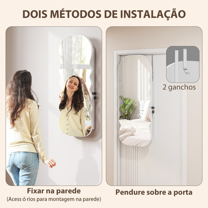 Espelho-Joalheiro com Luz LED de 3 Tons Armário para Joias Montado na Parede ou na Porta Armário com Fechadura Espelho de Corpo Inteiro, Design Ondulado Branco