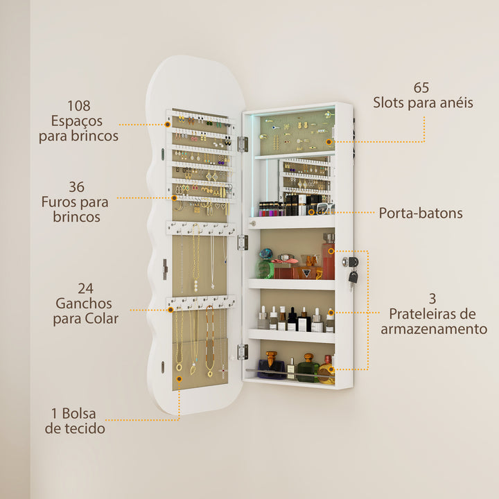 Espelho-Joalheiro com Luz LED de 3 Tons Armário para Joias Montado na Parede ou na Porta Armário com Fechadura Espelho de Corpo Inteiro, Design Ondulado Branco