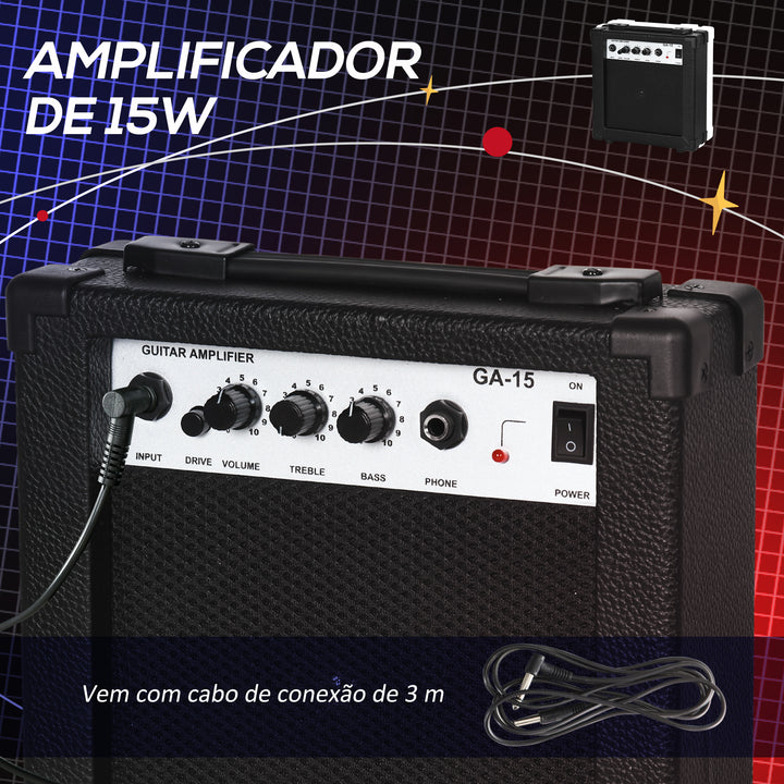 Kit Guitarra Elétrica de Iniciação Guitarra Elétrica com Amplificador de 15W Afinador Digital Cordas Correia 3 Palhetas e Saco de Transporte para Adultos e Adolescentes Preto