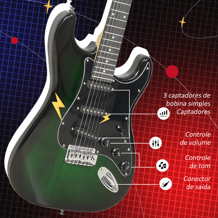 Kit Guitarra Elétrica de Iniciação Guitarra Elétrica com Amplificador de 15W Afinador Digital Cordas Correia 3 Palhetas e Saco de Transporte para Adultos e Adolescentes Preto
