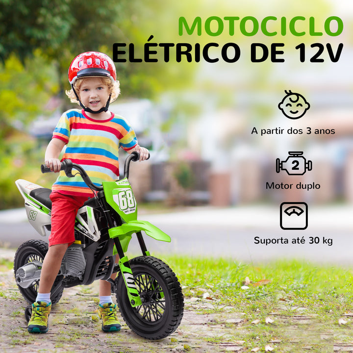 Mota Elétrica para Crianças de +3 Anos Mota Elétrica Infantil com Bateria 12V Música Velocidade 2,4-5 km/h e Rodas Auxiliares Removíveis Carga 30 kg 107x56x70 cm Verde